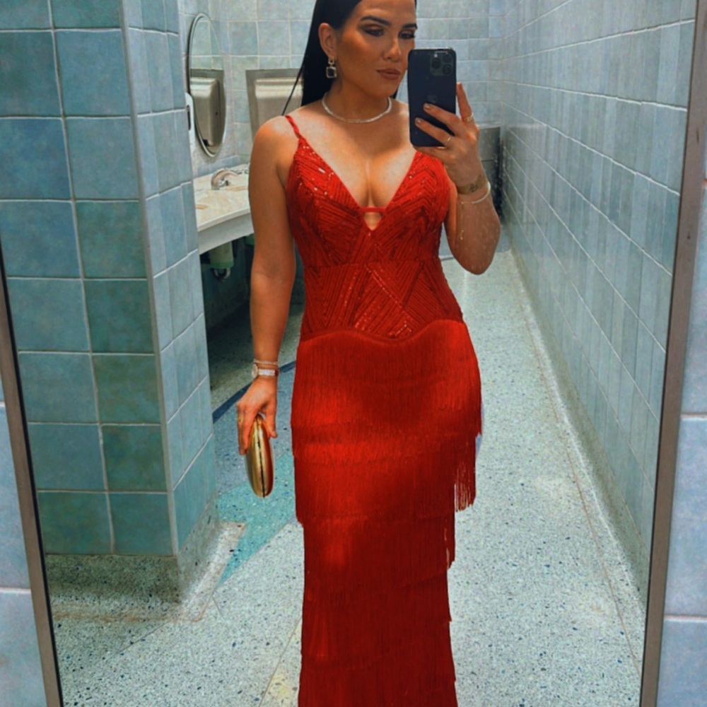 Red Sequin Maxi Gown with Spaghetti Straps for Night Out